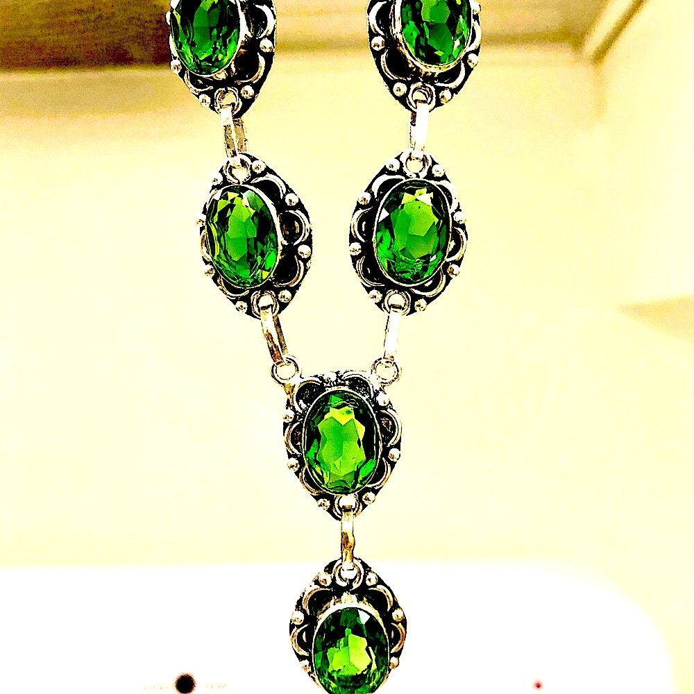 Sterling Silver Green Stained Glass Y Necklace